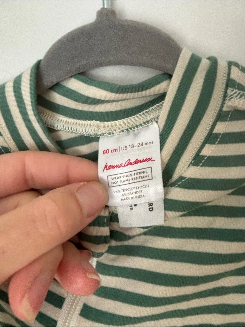 Hannah Andersson Green and White Striped Zipper Pajamas 18-24months